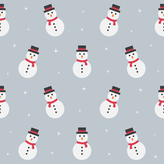 Snowman with hat and scarf - seamless pattern. Winter background. Vector illustration.