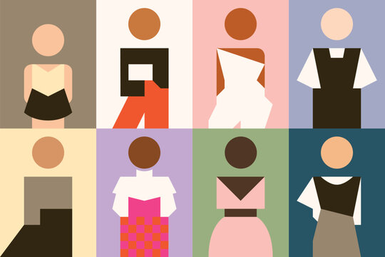 Set of eight stylish & diverse geometric characters / personas / avatars. Flat vector illustration.