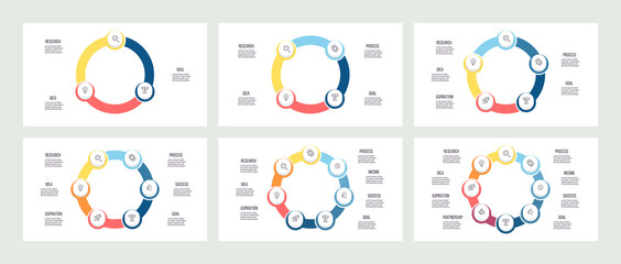 Business infographic. Charts with 3, 4, 5, 6, 7, 8 steps, options. Vector template.