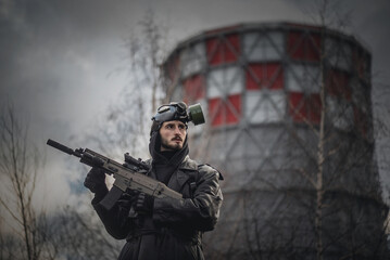 Post apocalypse soldier with a rifle concept.