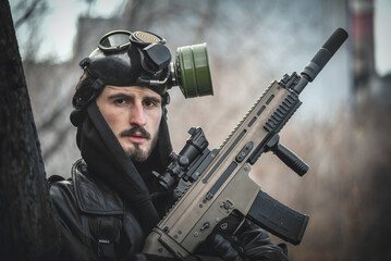 Post apocalypse soldier with a rifle concept.