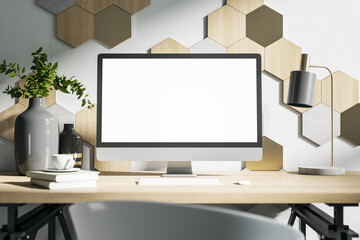 Minimalistic designer desktop with white black computer screen