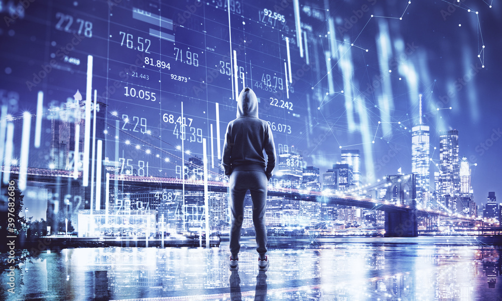 Poster hacker in hoodie looking on night brooklyn bridge with digital stock chart.