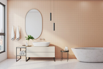 Fototapeta na wymiar Comfortable bathroom with marble bath