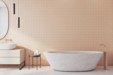 Fototapeta na wymiar Freestanding bath with mirror in modern bathroom.