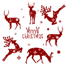 illustration of red silhouette deer  and merry christmas inscription on white background. vector. illustration. noel work