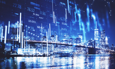 Night New York city background with stock chart.