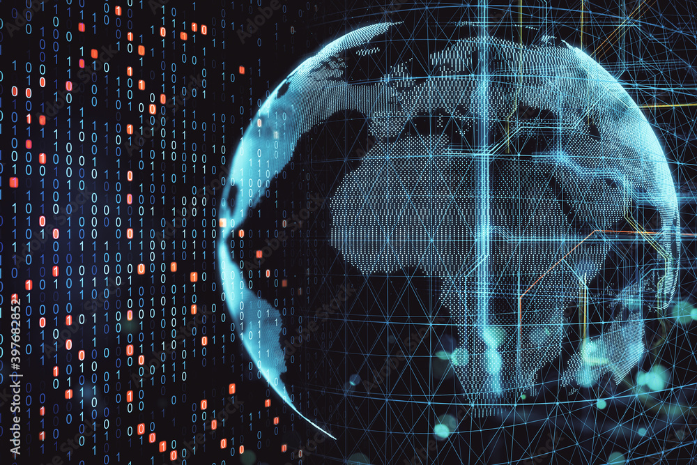 Poster digital world map with glowing futuristic interface.