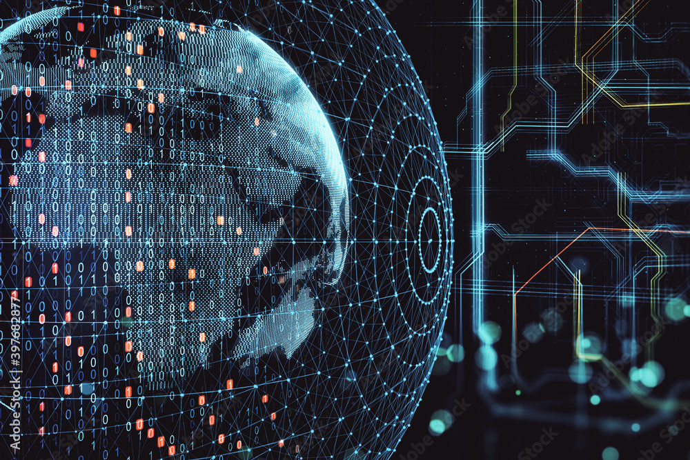 Poster digital earth with glowing futuristic interface.