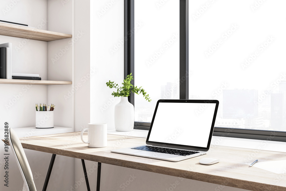 Poster comfortable workplace with notebook