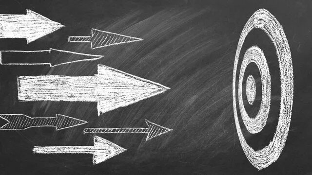 Many different arrows and target drawn in chalk on a blackboard. Concept of competition, strategy