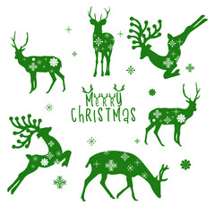 illustration of green silhouette deer  and merry christmas inscription on white background. vector. illustration. noel work