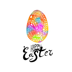 Happy Easter text. Multi-colored postcard. Mixed media. Vector illustration