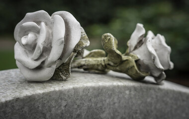 stone roses on an old tombstone