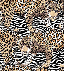 Seamless wallpaper pattern. Gold Jaguar on a black and white zebra skin background. Textile composition, hand drawn style print. Vector illustration.