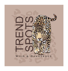 Graceful leopard and fan palm leaf. Wild & Dangerous - lettering quote. Elegant poster, t-shirt composition, hand drawn style print. Vector illustration.