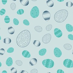 Seamless pattern with flat Easter eggs on a light pastel background. Icons of colored and black and white eggs. Outline image. Element for design of festive products, banners, cards, wrapping paper.