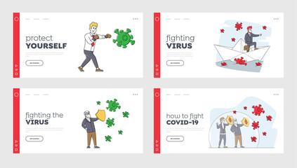 Stop Covid19 Virus and Pandemic Landing Page Template Set. Business People Characters in Boxing Gloves and Medical Masks