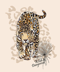 Graceful leopard and fan palm leaf. Wild & Dangerous - lettering quote. Elegant poster, t-shirt composition, hand drawn style print. Vector illustration.