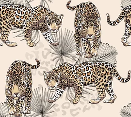 Foto op Plexiglas Seamless pattern with a different wild leopards, palm leaves and spots of skin on a beige background. Textile composition, hand drawn style print. Vector illustration. © Afishka