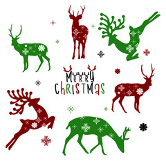 illustration of green,red, black silhouette deer and merry christmas inscription on white background. vector. illustration. noel work