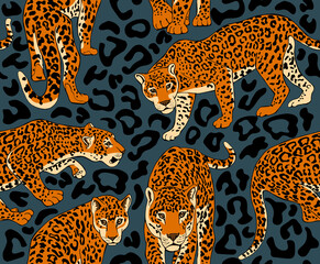 Seamless pattern with a wild Jaguars and drawing predatory skin. Textile composition, hand drawn style print. Vector illustration.