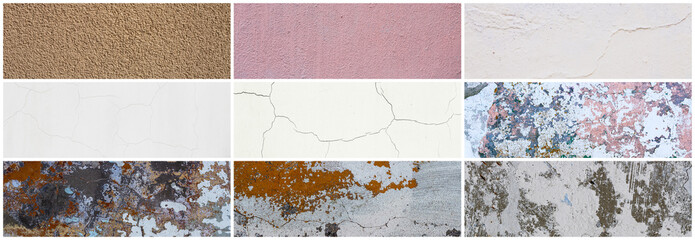 Wall texture set. Rough surfaces of the plastered and colored concrete walls with patterns of cracks and old faded peeling paint. Collection of wide panoramic backgrounds for design.