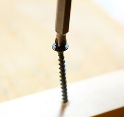 the black self-tapping screw is screwed in with an electric screwdriver. home renovation concept