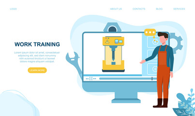 Turner or lathe online service. Concept of online platform for factory worker to learn from tutorials using turning machine. Metalworking and industrial manufacturing. Website, web page template