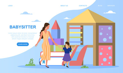 Service for babysitters. Concept of online platform for In-home babysitter. Woman taking care of baby, playing with child. Web page, web site, landing page template. Flat cartoon vector illustration