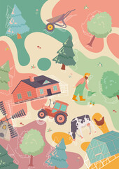 Abstract farm and agriculture. Cute freehand drawings of village life and objects for a poster, banner or postcard, of people, animals, trees, tractor and house. Flat cartoon vector illustration