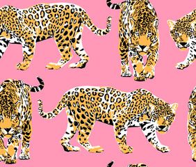 Seamless pattern with a different wild leopards on a pink background. Textile composition, hand drawn style print. Vector illustration.