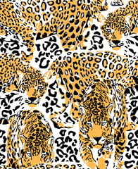 Seamless pattern with a different wild leopards and spots of skin. Textile composition, hand drawn style print. Vector illustration.