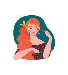 Redhead caucasian girl doing makeup. Concept of beauty industry and face care routine. Beautiful girl is painting eyes with mascara. Flat cartoon vector illustration