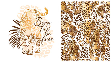 Set of print and seamless wallpaper pattern. Graceful leopard and exotic palm leaf. Born to be free - lettering quote. Textile composition, hand drawn style print. Vector illustration.