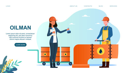 Woman with notepad checking oilman work. Pump jack extracting crude oil from the bowels. Concept of oil production. Website, web page, landing page template. Flat cartoon vector illustration