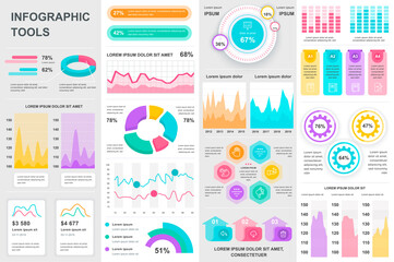Bundle infographic UI, UX, KIT elements. Different charts, diagrams, workflow, flowchart, timeline, schemes, marketing icons, graphs and bars design template. Vector info graphic and infographics set.