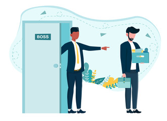 Boss fire caucasian employee. Concept of people kicked out of work and leaving workplace. Jobless person, financial crisis. Flat cartoon vector illustration