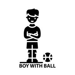 boy with ball icon, black vector sign with editable strokes, concept illustration