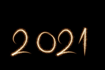 2021 written with Sparkle firework on black background, happy new year 2021 concept