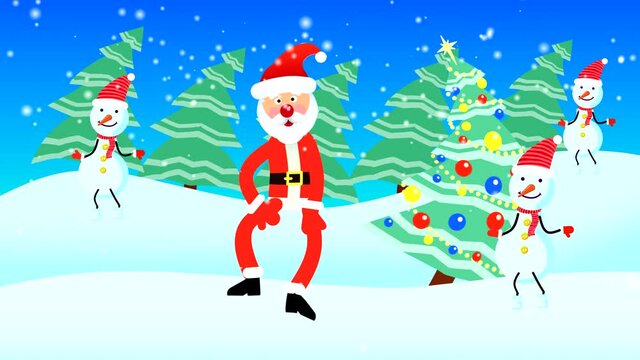 Santa Claus and three snowmen are dancing against the backdrop of snow and a decorated Christmas tree. Looped flat animation with drawn characters.