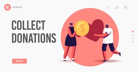 Fototapeta premium Characters Donate Money and Heart Landing Page Template. Tiny People Charity, Social Aid, Donation Support, Sponsorship