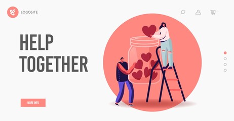 Social Awareness. Landing Page Template. Tiny Male and Female Characters Throw Heart into Huge Glass Jar Stand on Ladder
