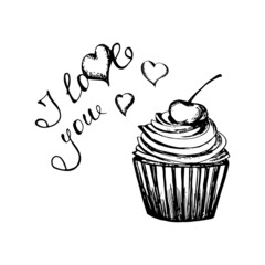 Valentine's day greeting card. Cake on a white background. Hand drawn