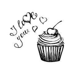 Valentine's day greeting card. Cake on a white background. Hand drawn