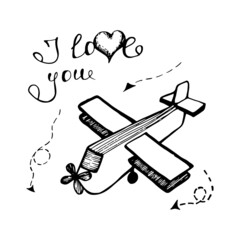 Fototapeta premium Valentine's day greeting card. Cute airplane on a white background. Hand drawn