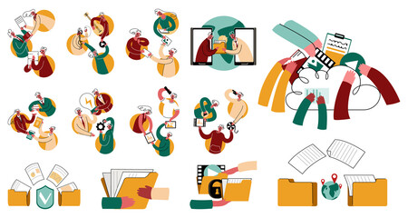 Vector flat illustration with set of icons on theme of sharing, corporate work on remote site, file sharing online, through Internet between employees, friends. Concept business, communication.