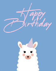Obraz na płótnie Canvas Alpaca greeting card. Happy birthday! Birthday card. got card. Blue background.