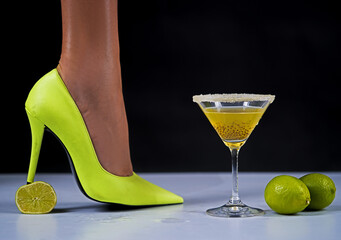 Womans party with cocktail. Evening shoes. Party advertising. Summer cocktail party. Tropical...