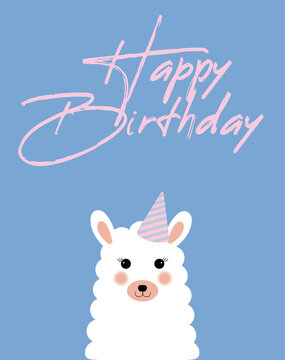 Alpaca greeting card. Happy birthday! Birthday card. got card. Blue background.